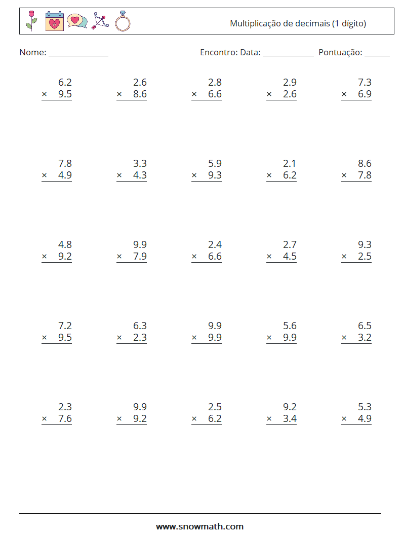(25) Multiplicação de decimais (1 dígito) planilhas matemáticas 3