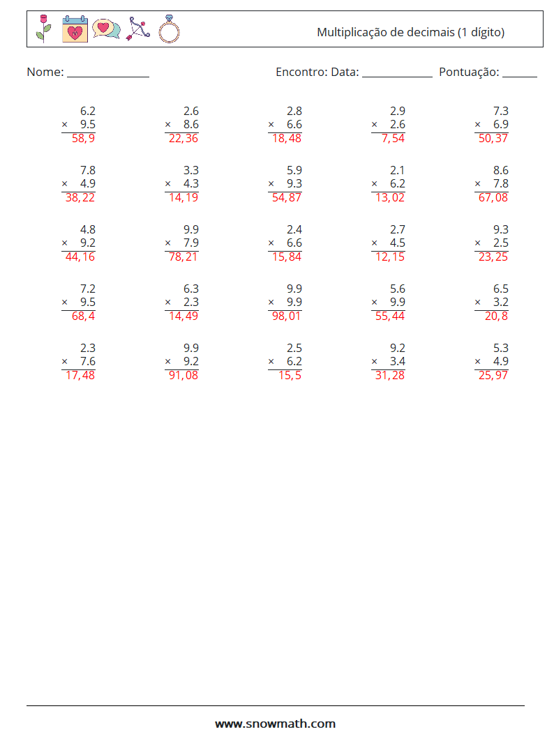 (25) Multiplicação de decimais (1 dígito) planilhas matemáticas 3 Pergunta, Resposta