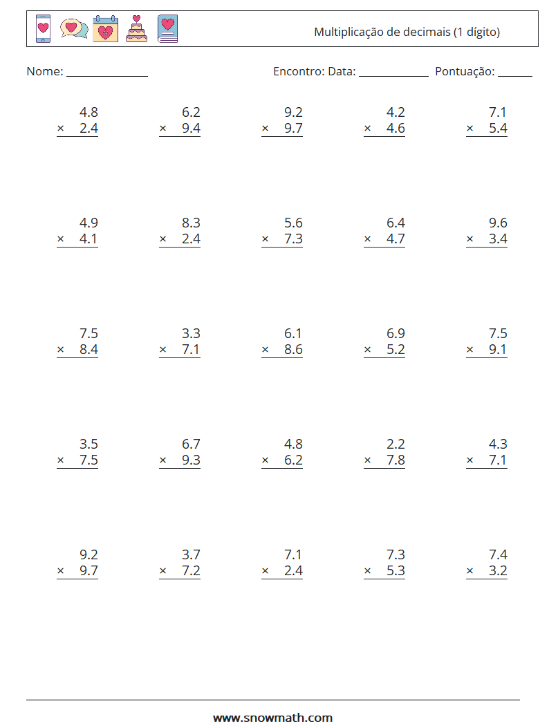 (25) Multiplicação de decimais (1 dígito) planilhas matemáticas 4