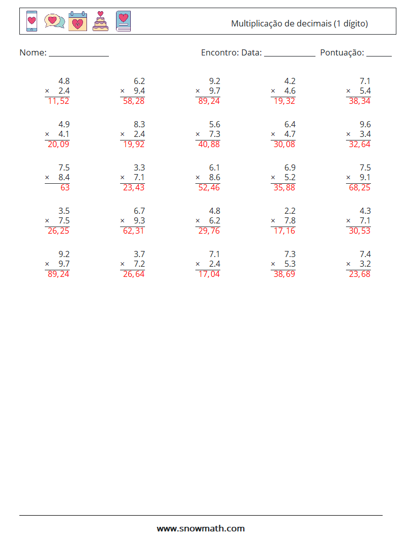 (25) Multiplicação de decimais (1 dígito) planilhas matemáticas 4 Pergunta, Resposta