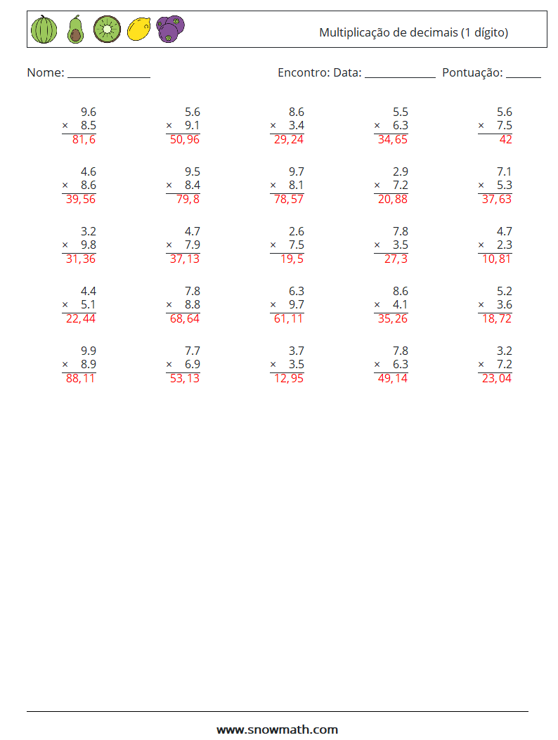 (25) Multiplicação de decimais (1 dígito) planilhas matemáticas 5 Pergunta, Resposta