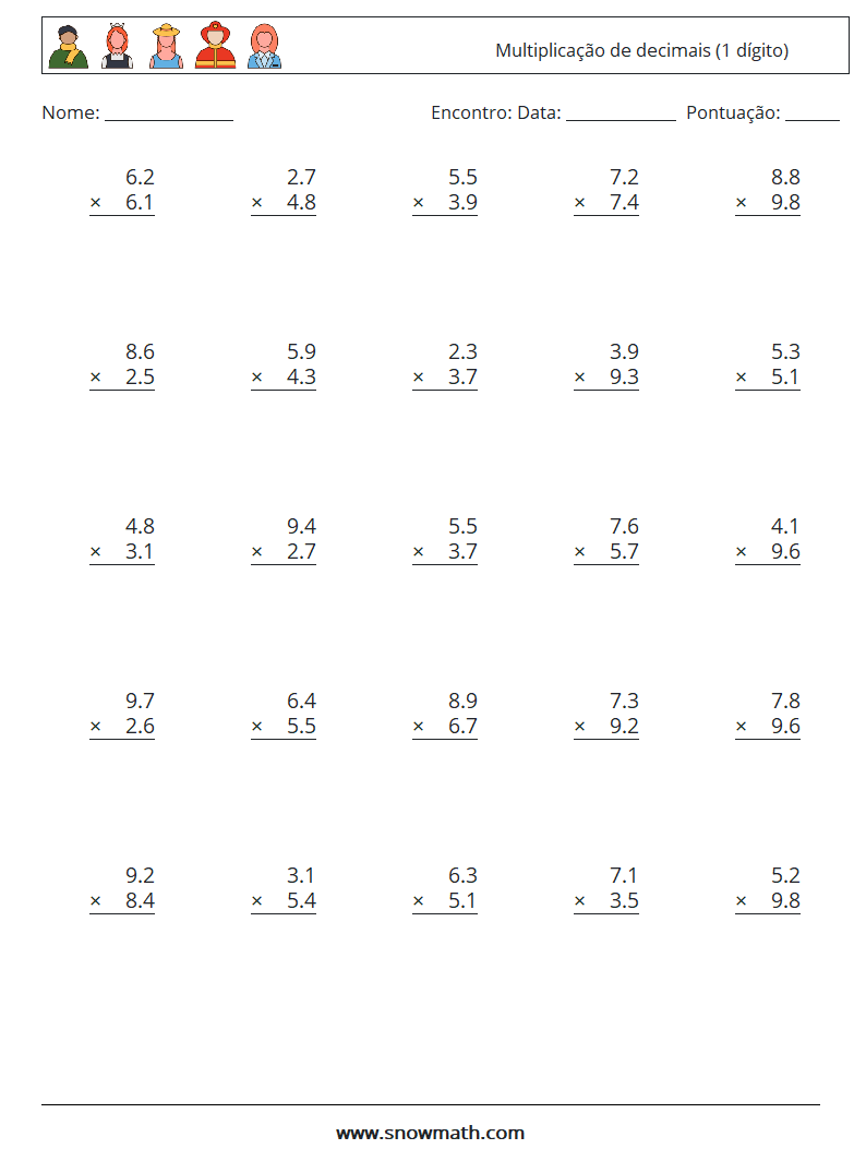 (25) Multiplicação de decimais (1 dígito) planilhas matemáticas 6