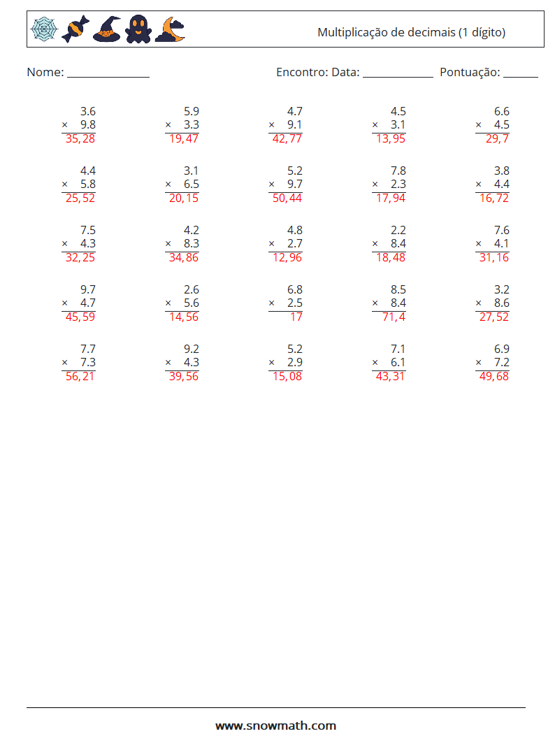 (25) Multiplicação de decimais (1 dígito) planilhas matemáticas 7 Pergunta, Resposta