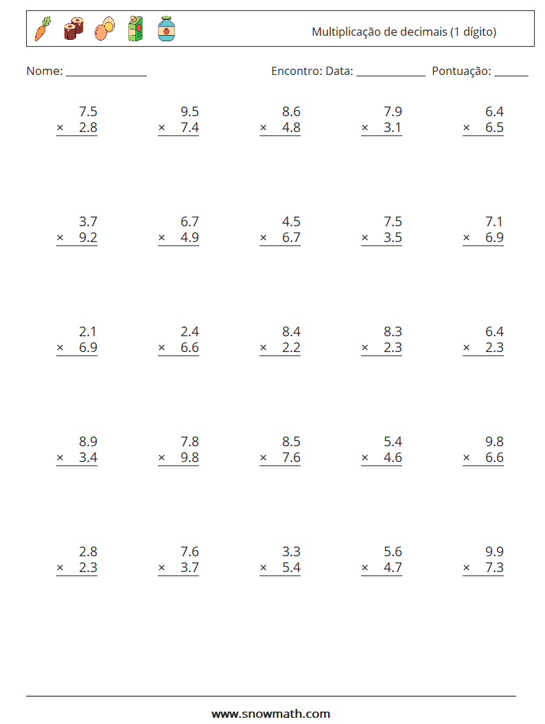 (25) Multiplicação de decimais (1 dígito) planilhas matemáticas 8