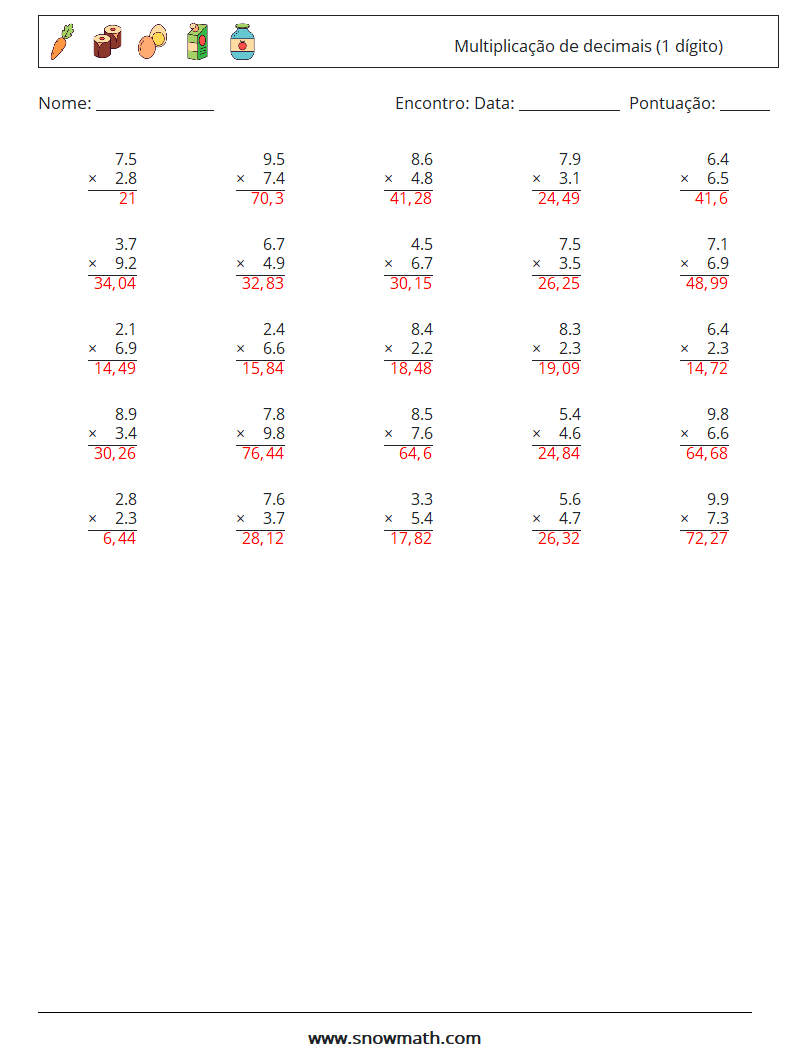 (25) Multiplicação de decimais (1 dígito) planilhas matemáticas 8 Pergunta, Resposta