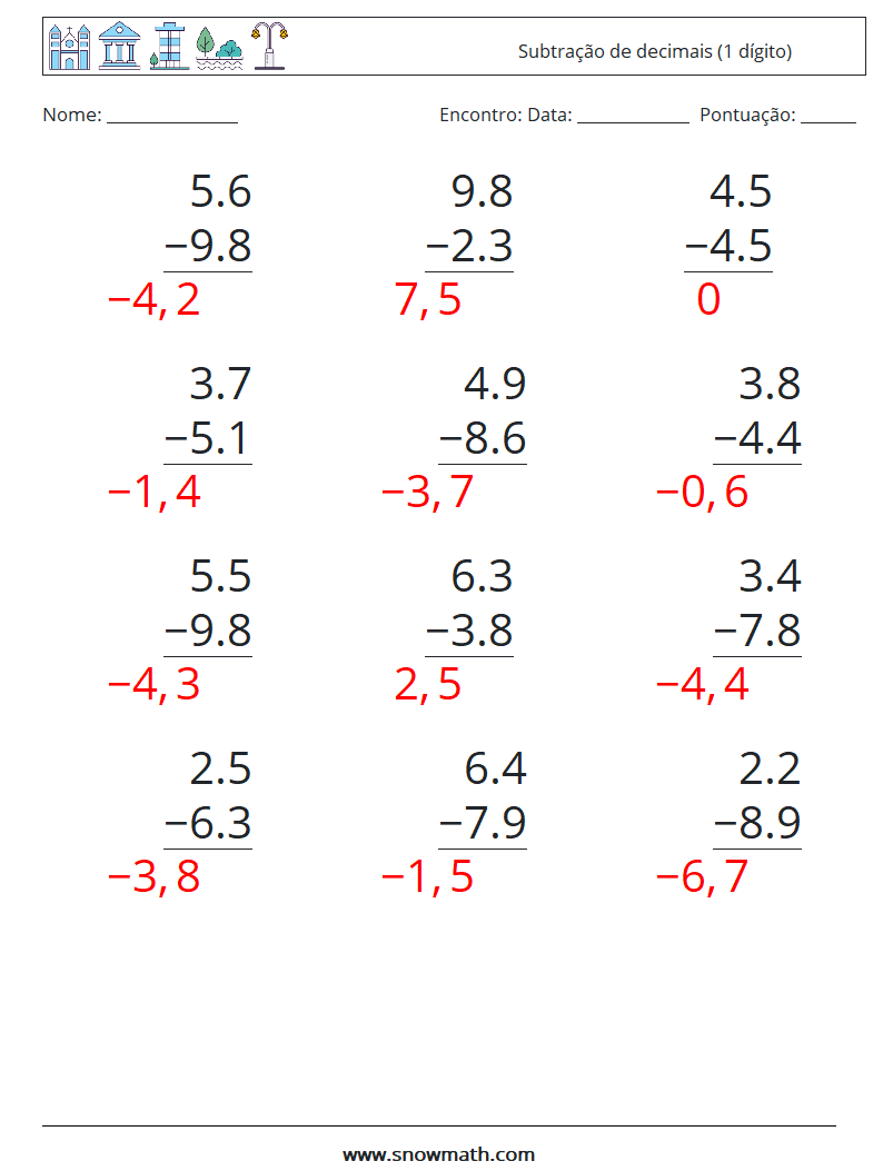(12) Subtração de decimais (1 dígito) planilhas matemáticas 11 Pergunta, Resposta