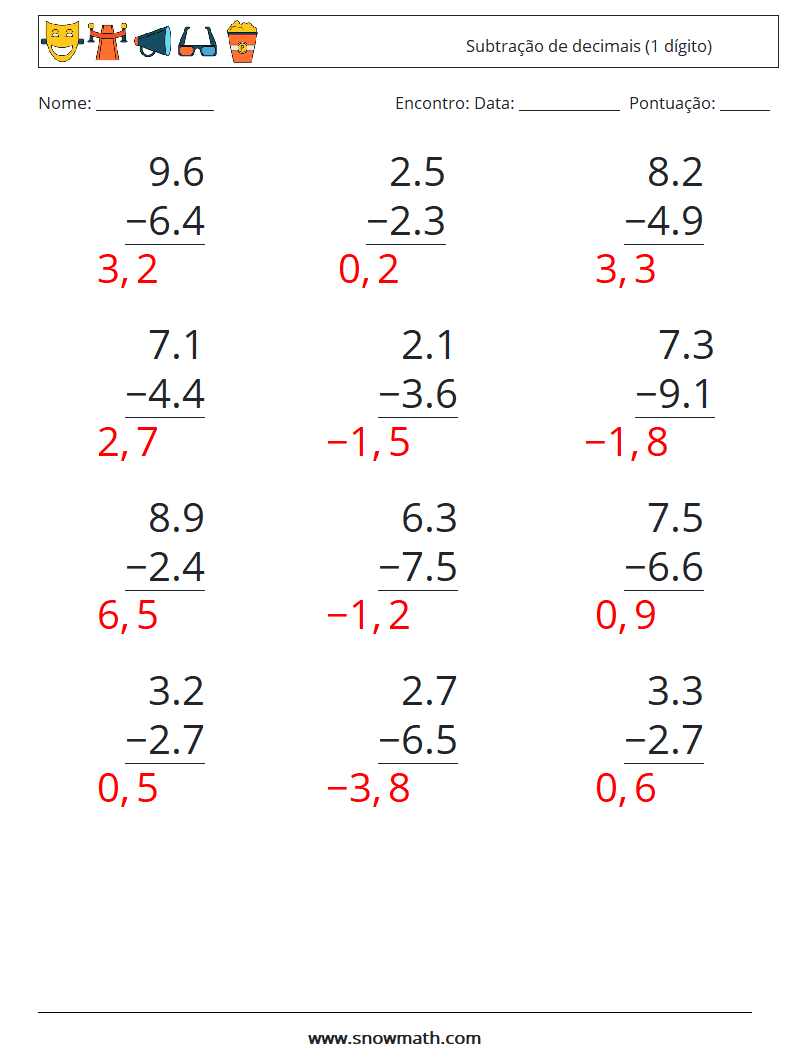 (12) Subtração de decimais (1 dígito) planilhas matemáticas 12 Pergunta, Resposta