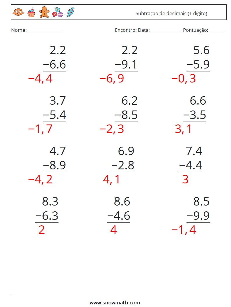 (12) Subtração de decimais (1 dígito) planilhas matemáticas 13 Pergunta, Resposta