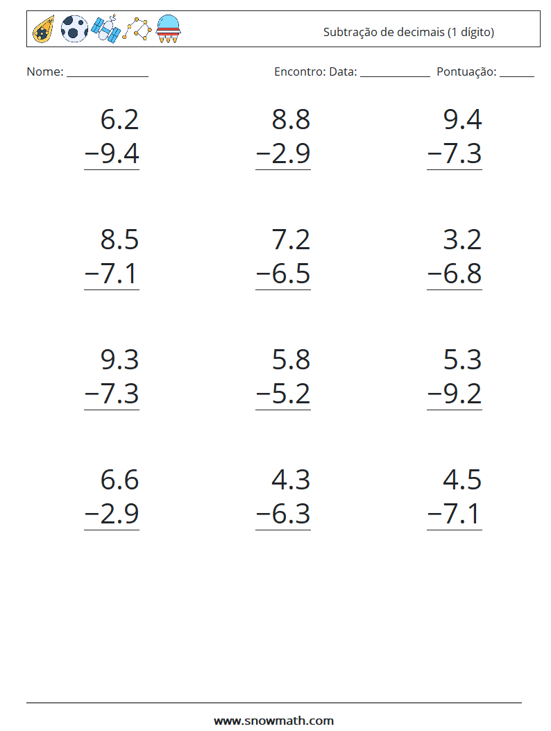 (12) Subtração de decimais (1 dígito) planilhas matemáticas 14