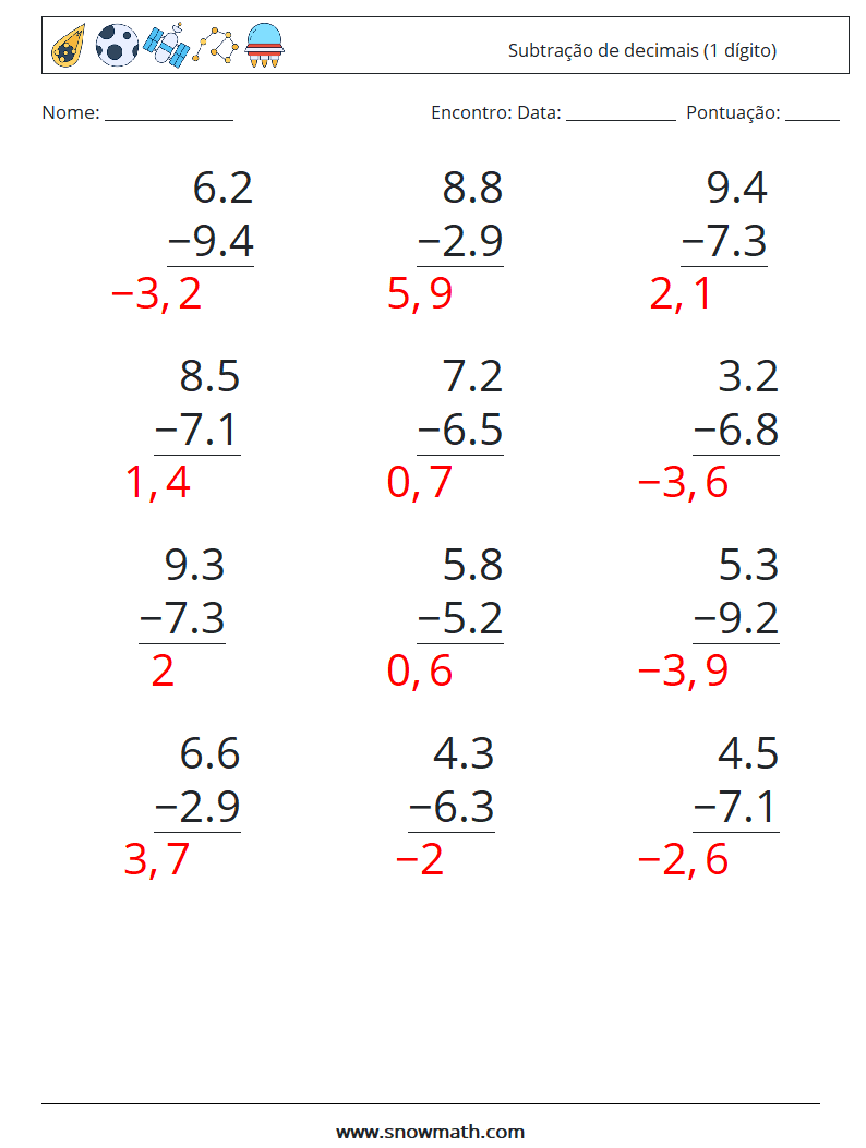 (12) Subtração de decimais (1 dígito) planilhas matemáticas 14 Pergunta, Resposta