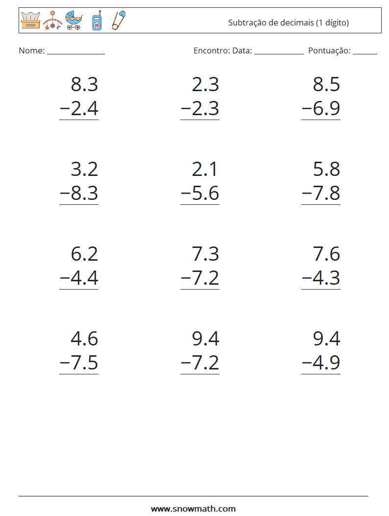 (12) Subtração de decimais (1 dígito) planilhas matemáticas 15