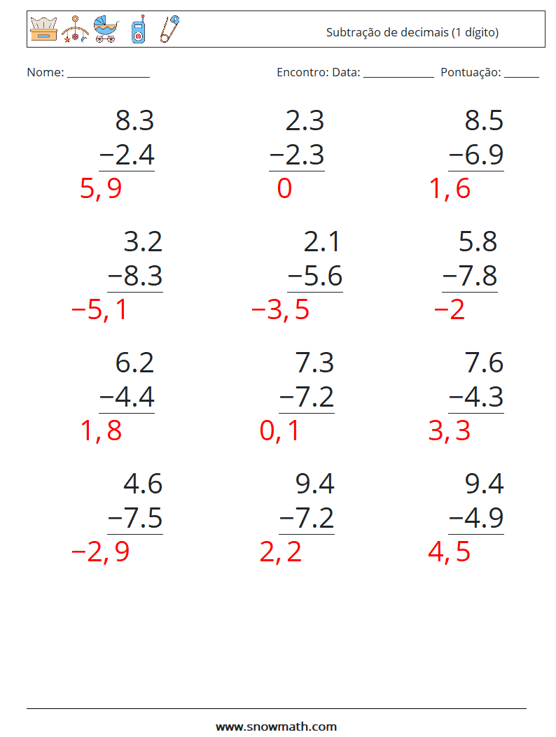 (12) Subtração de decimais (1 dígito) planilhas matemáticas 15 Pergunta, Resposta