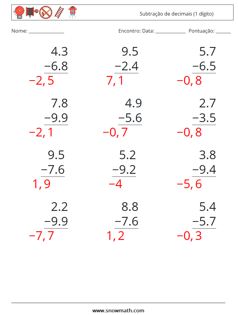 (12) Subtração de decimais (1 dígito) planilhas matemáticas 16 Pergunta, Resposta