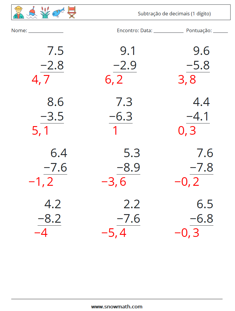 (12) Subtração de decimais (1 dígito) planilhas matemáticas 17 Pergunta, Resposta