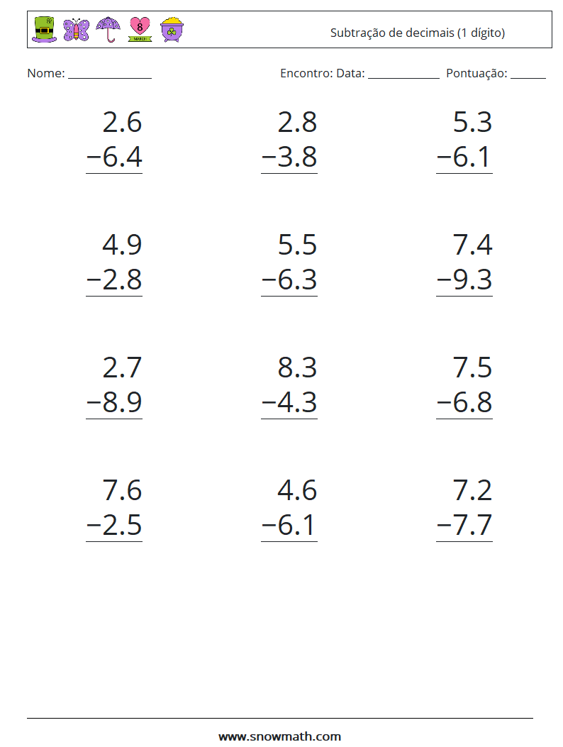 (12) Subtração de decimais (1 dígito) planilhas matemáticas 18