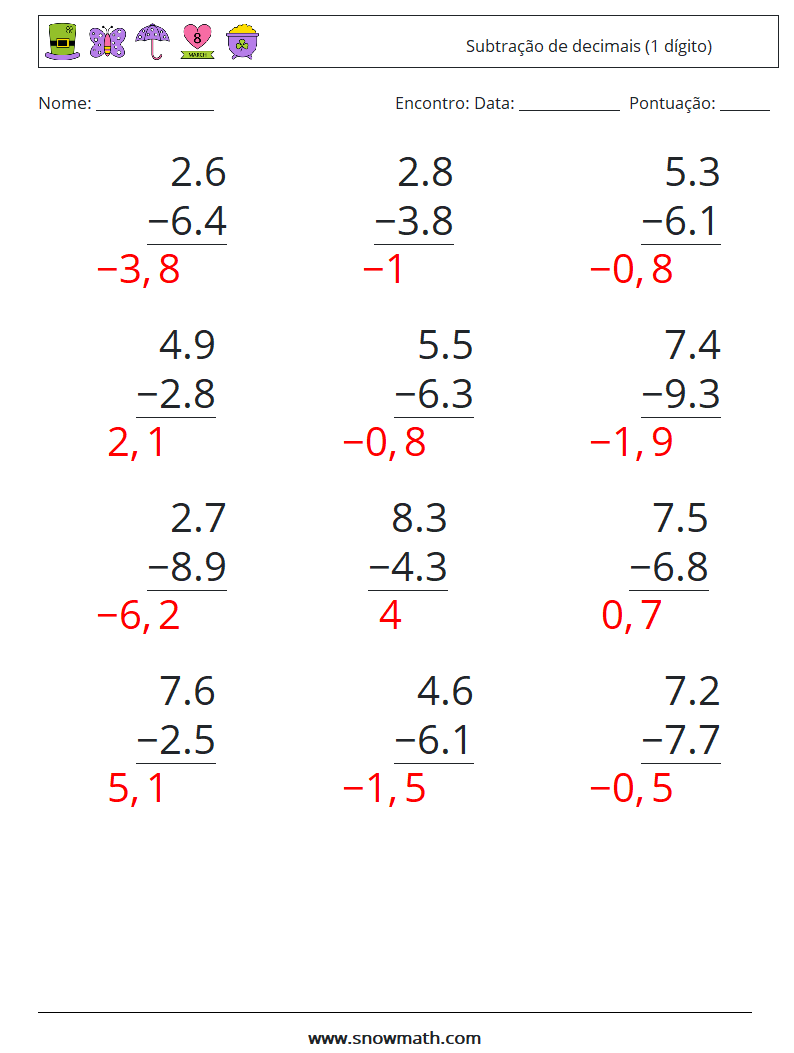 (12) Subtração de decimais (1 dígito) planilhas matemáticas 18 Pergunta, Resposta