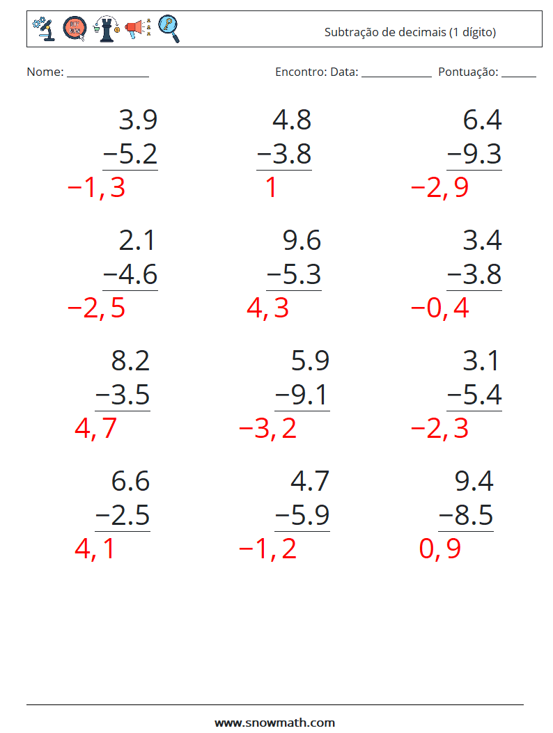 (12) Subtração de decimais (1 dígito) planilhas matemáticas 1 Pergunta, Resposta