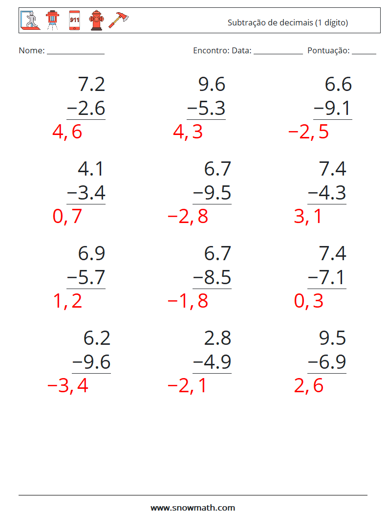 (12) Subtração de decimais (1 dígito) planilhas matemáticas 2 Pergunta, Resposta