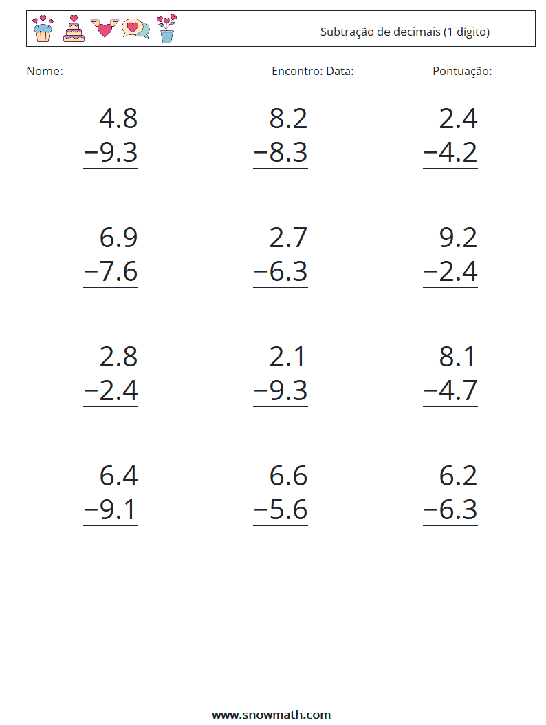 (12) Subtração de decimais (1 dígito) planilhas matemáticas 3
