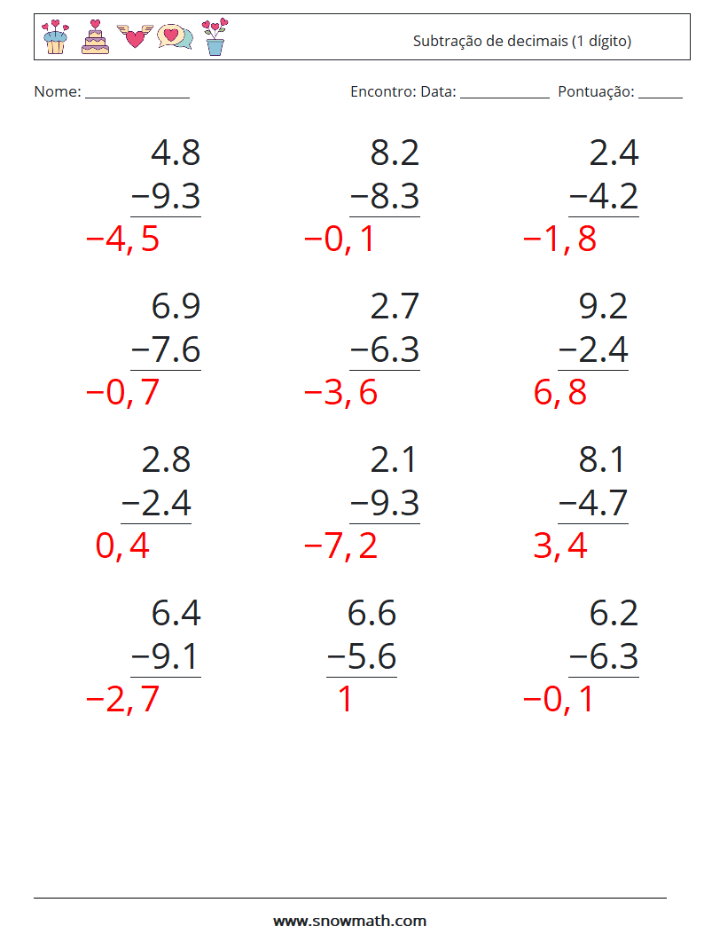 (12) Subtração de decimais (1 dígito) planilhas matemáticas 3 Pergunta, Resposta