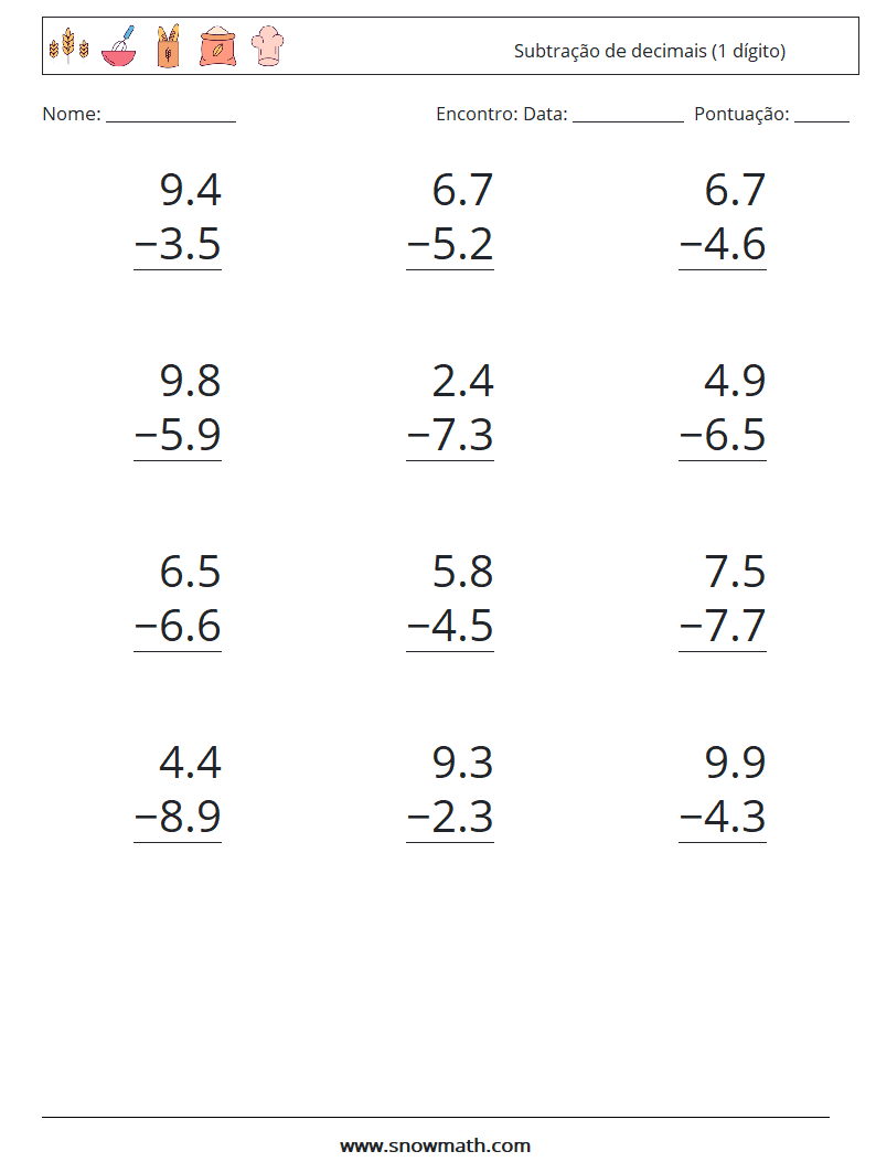 (12) Subtração de decimais (1 dígito) planilhas matemáticas 4