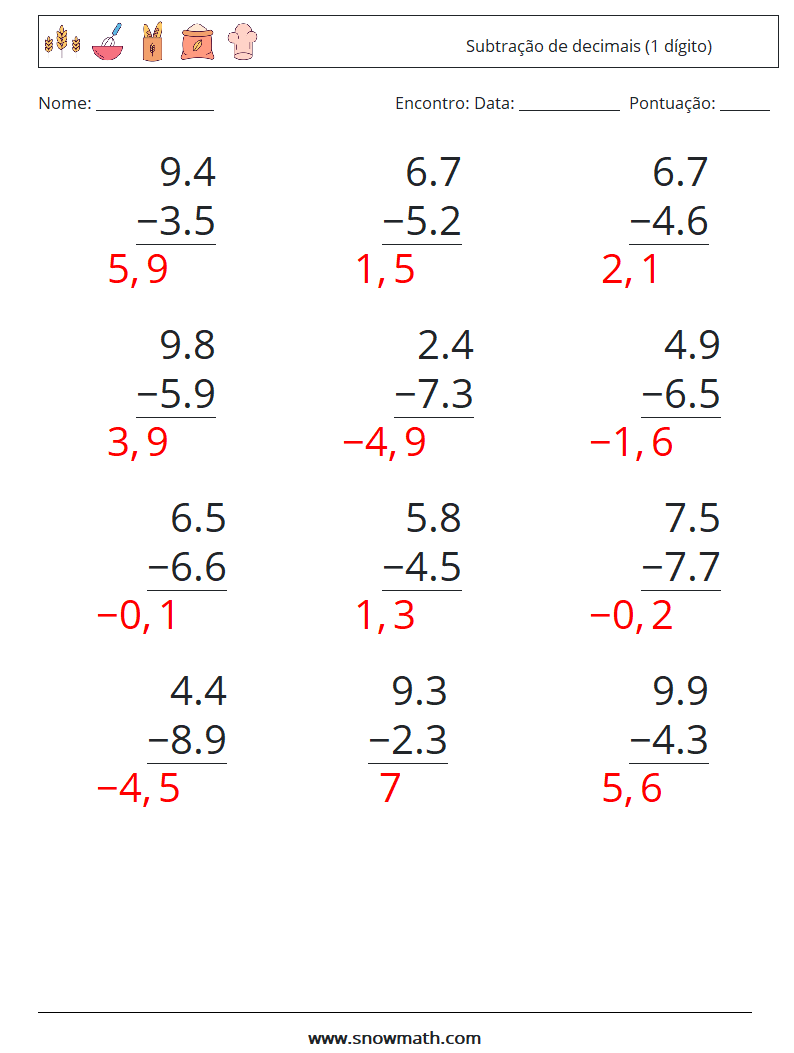 (12) Subtração de decimais (1 dígito) planilhas matemáticas 4 Pergunta, Resposta