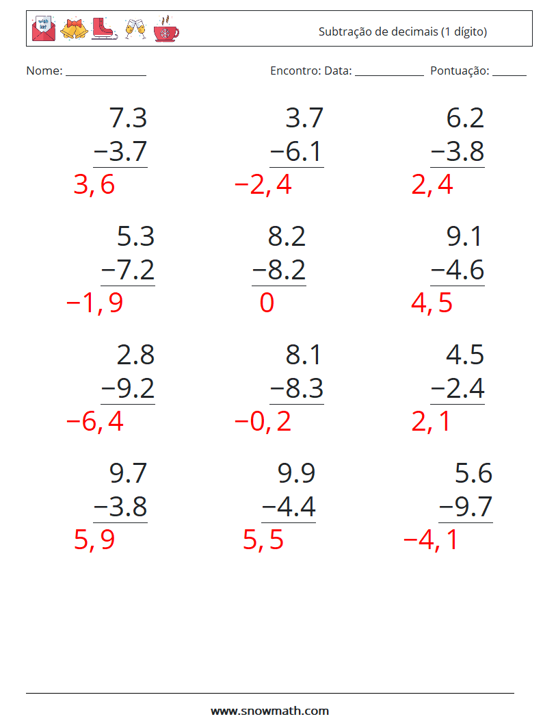 (12) Subtração de decimais (1 dígito) planilhas matemáticas 5 Pergunta, Resposta