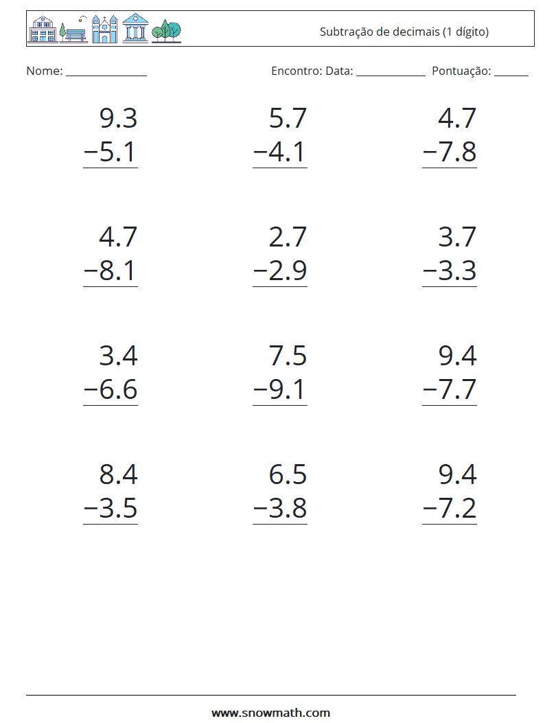 (12) Subtração de decimais (1 dígito) planilhas matemáticas 6