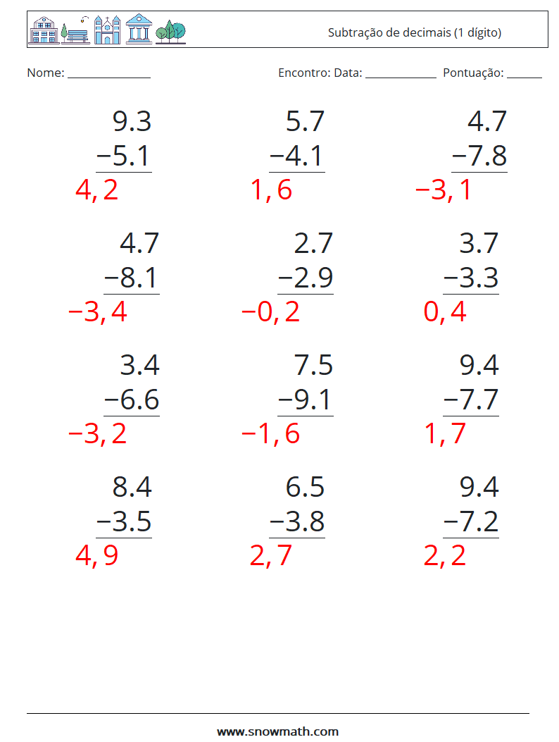 (12) Subtração de decimais (1 dígito) planilhas matemáticas 6 Pergunta, Resposta