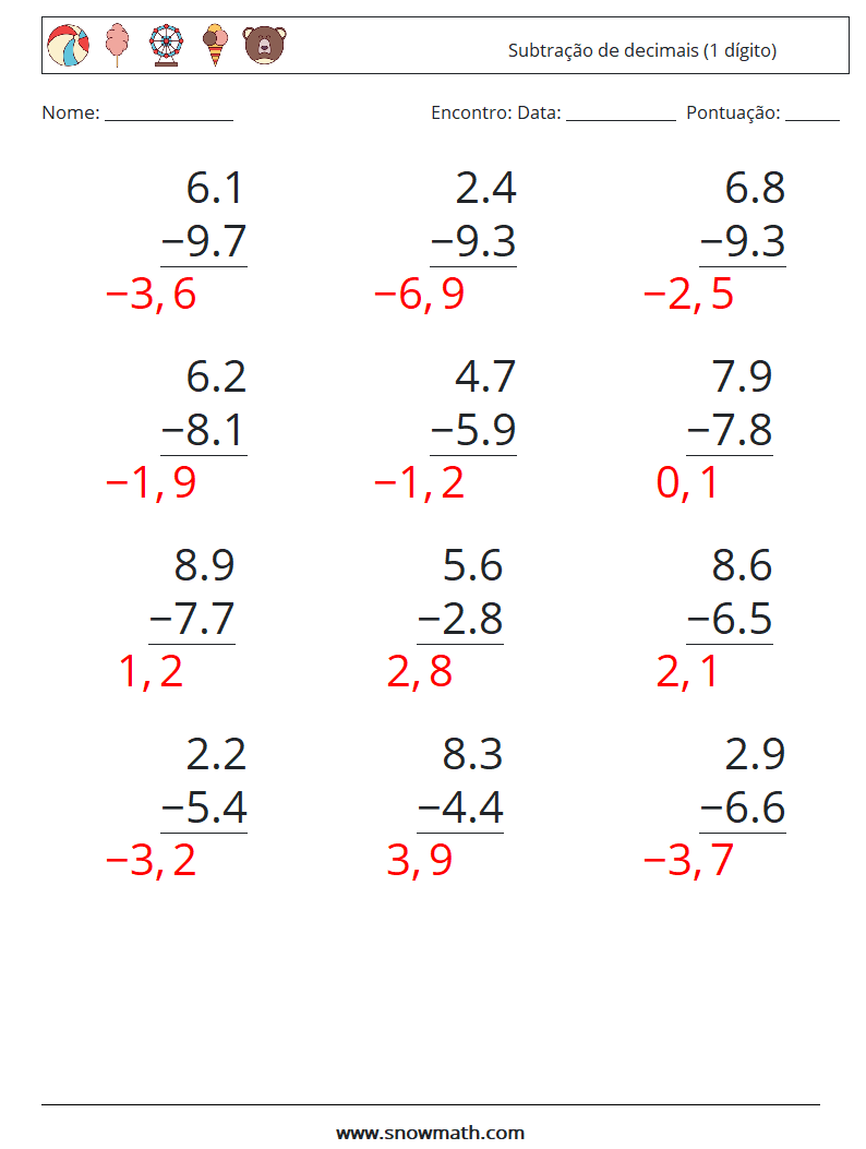 (12) Subtração de decimais (1 dígito) planilhas matemáticas 7 Pergunta, Resposta