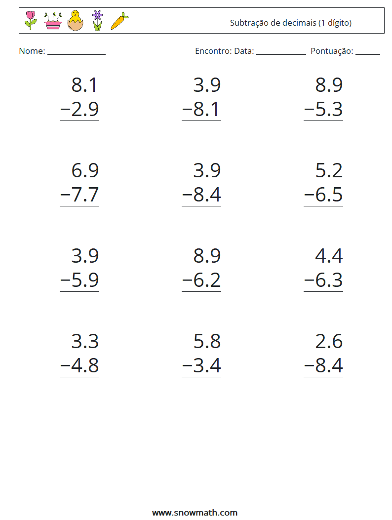 (12) Subtração de decimais (1 dígito) planilhas matemáticas 8