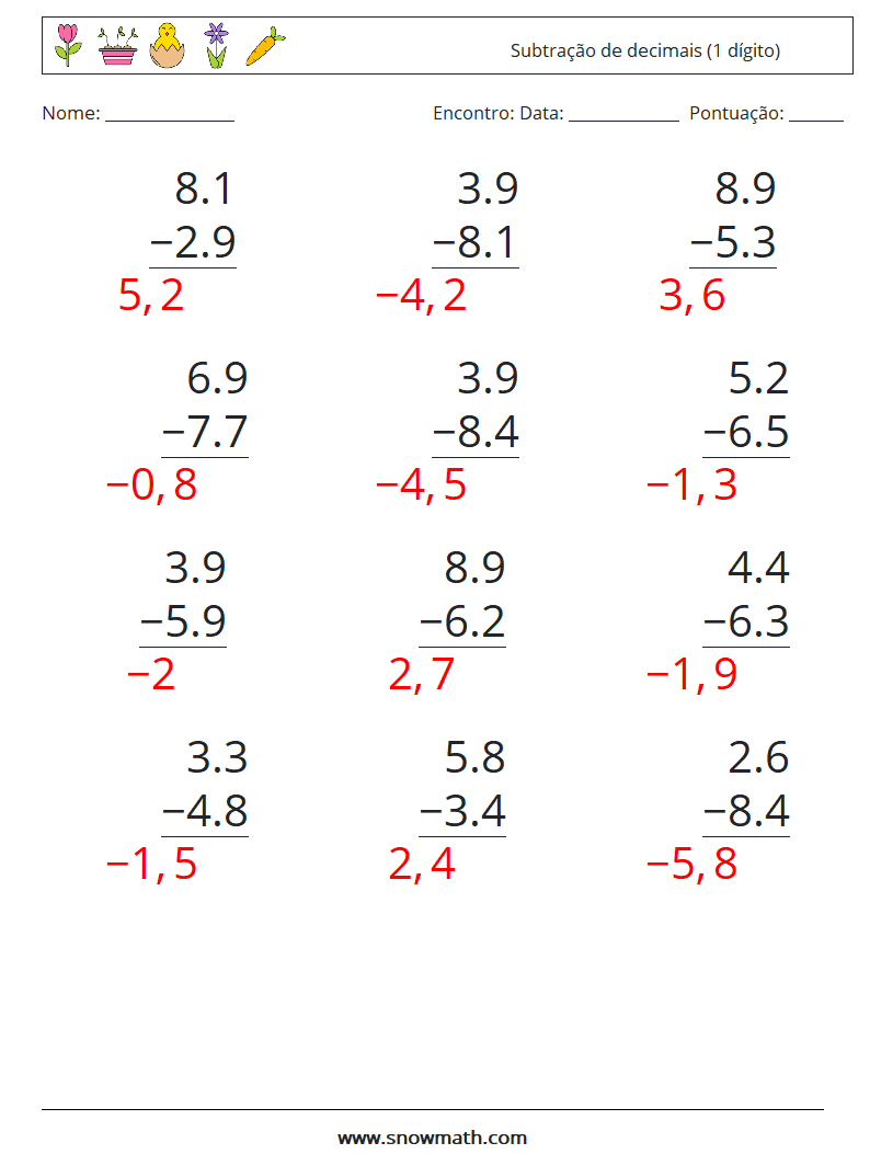 (12) Subtração de decimais (1 dígito) planilhas matemáticas 8 Pergunta, Resposta