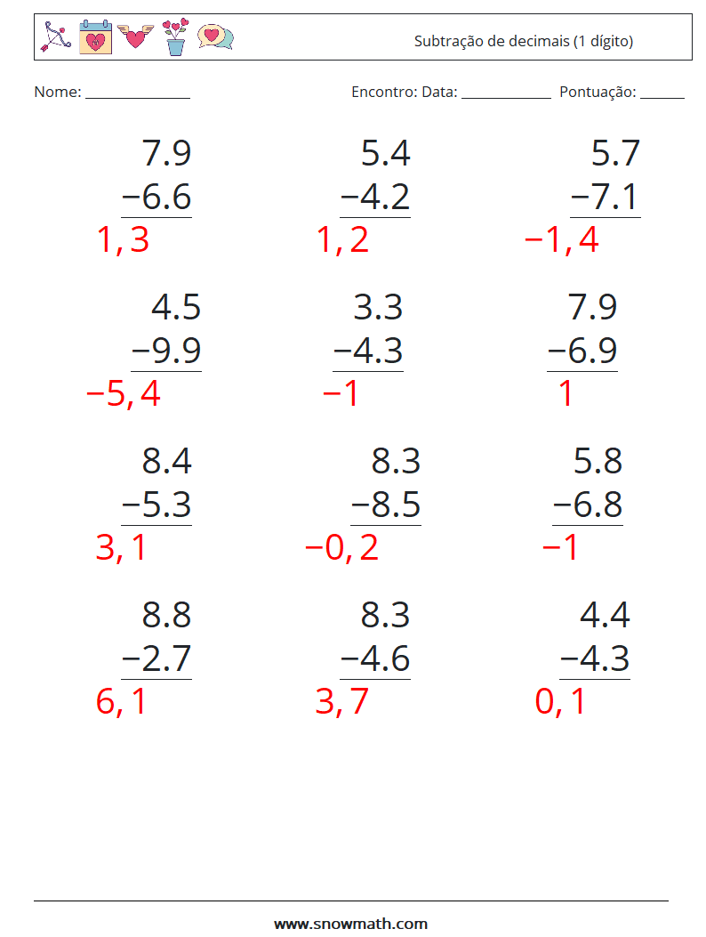 (12) Subtração de decimais (1 dígito) planilhas matemáticas 9 Pergunta, Resposta