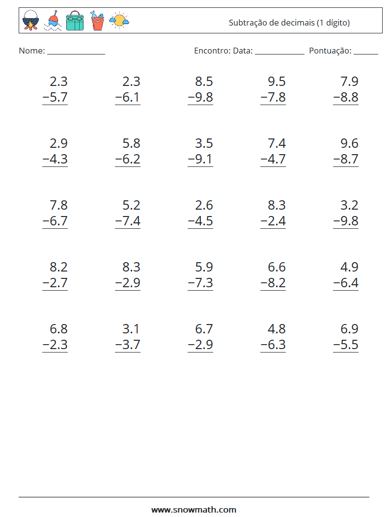 (25) Subtração de decimais (1 dígito) planilhas matemáticas 1