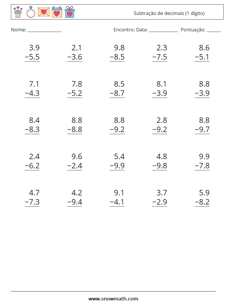 (25) Subtração de decimais (1 dígito) planilhas matemáticas 10