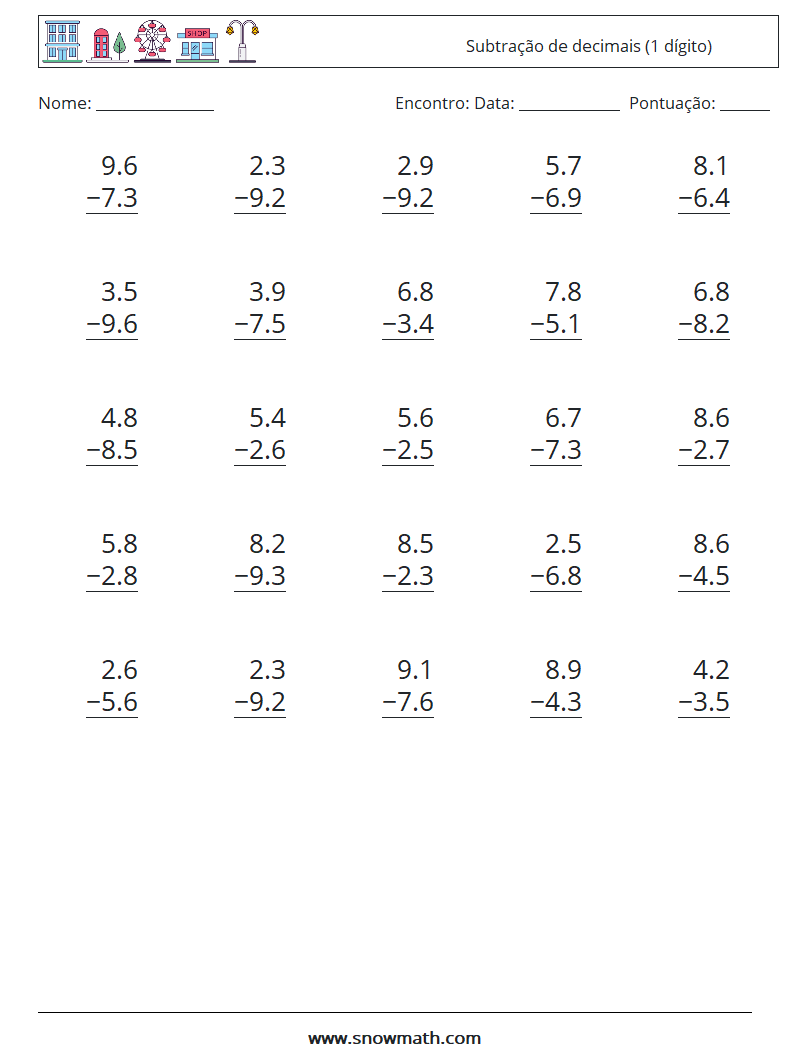 (25) Subtração de decimais (1 dígito) planilhas matemáticas 11