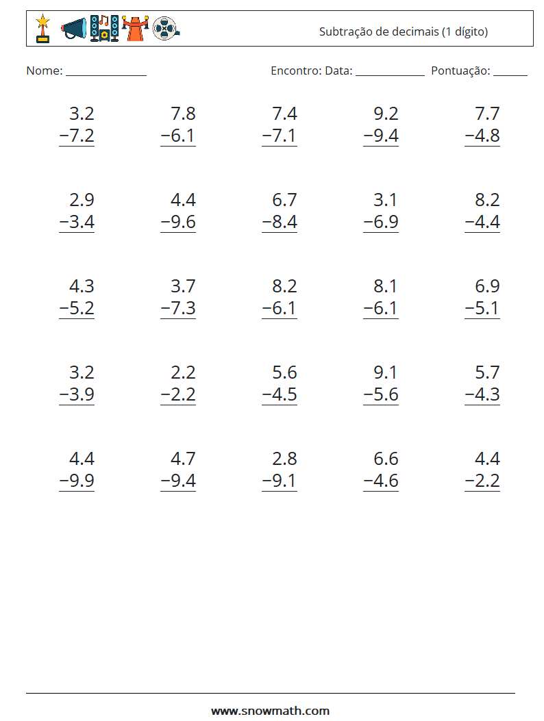 (25) Subtração de decimais (1 dígito) planilhas matemáticas 12