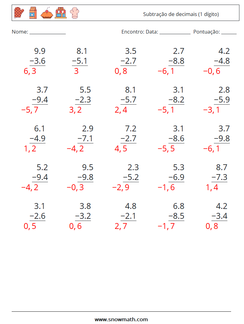 (25) Subtração de decimais (1 dígito) planilhas matemáticas 13 Pergunta, Resposta