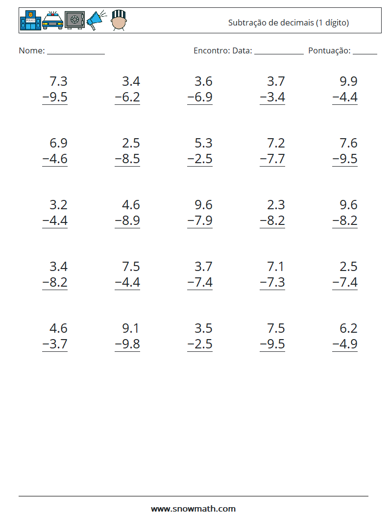 (25) Subtração de decimais (1 dígito) planilhas matemáticas 14