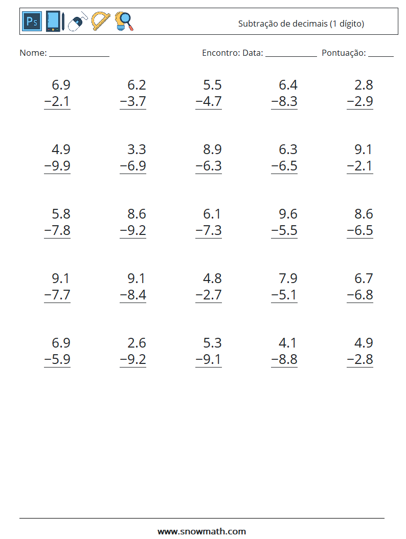 (25) Subtração de decimais (1 dígito) planilhas matemáticas 15