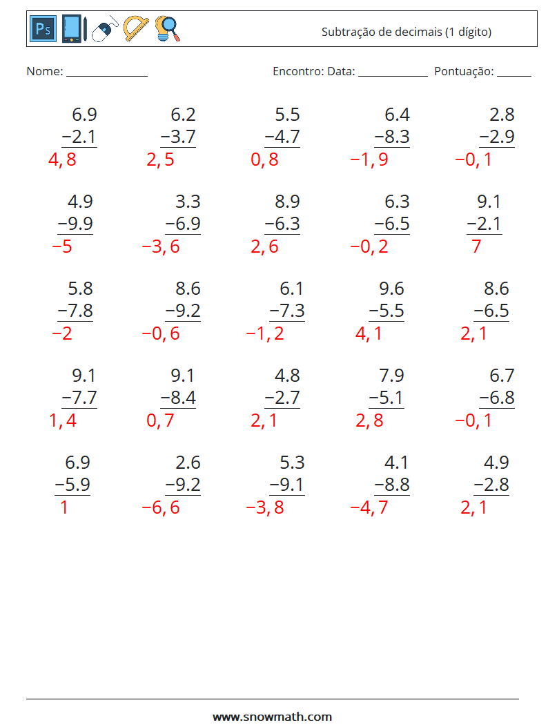 (25) Subtração de decimais (1 dígito) planilhas matemáticas 15 Pergunta, Resposta