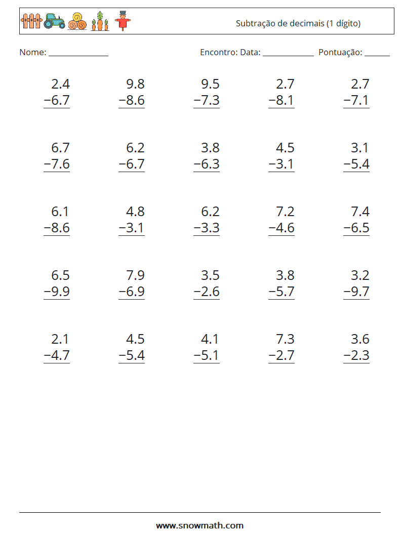 (25) Subtração de decimais (1 dígito) planilhas matemáticas 16