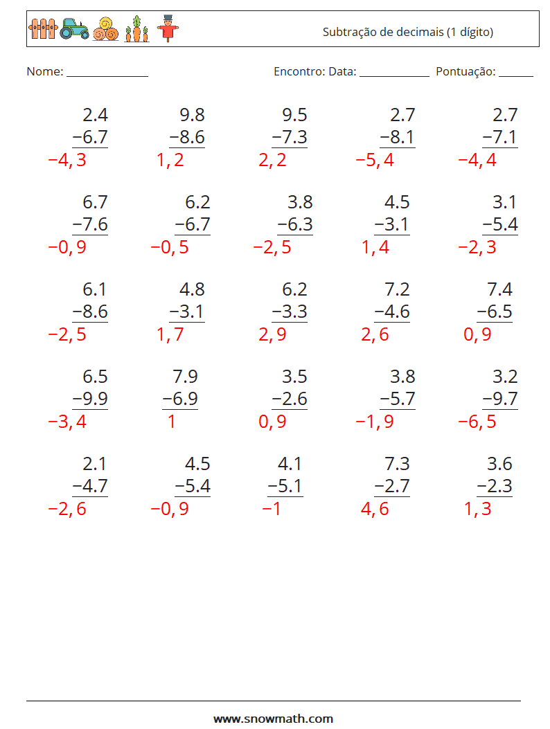 (25) Subtração de decimais (1 dígito) planilhas matemáticas 16 Pergunta, Resposta