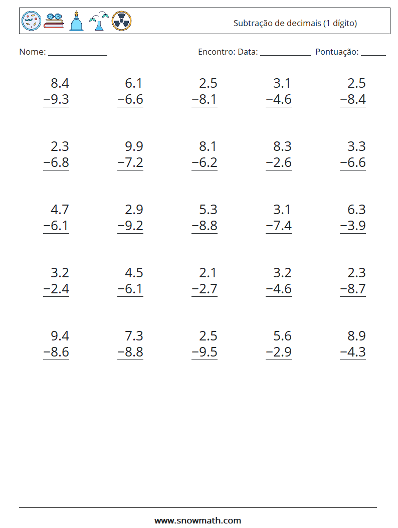 (25) Subtração de decimais (1 dígito) planilhas matemáticas 17