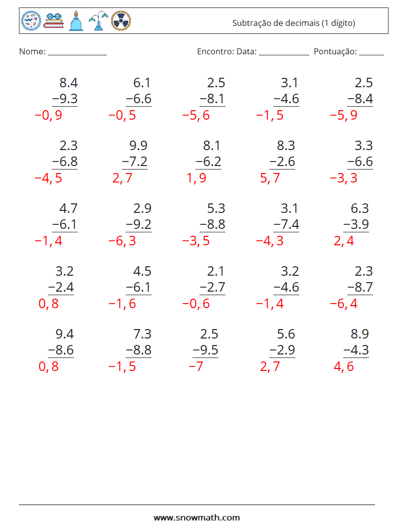 (25) Subtração de decimais (1 dígito) planilhas matemáticas 17 Pergunta, Resposta