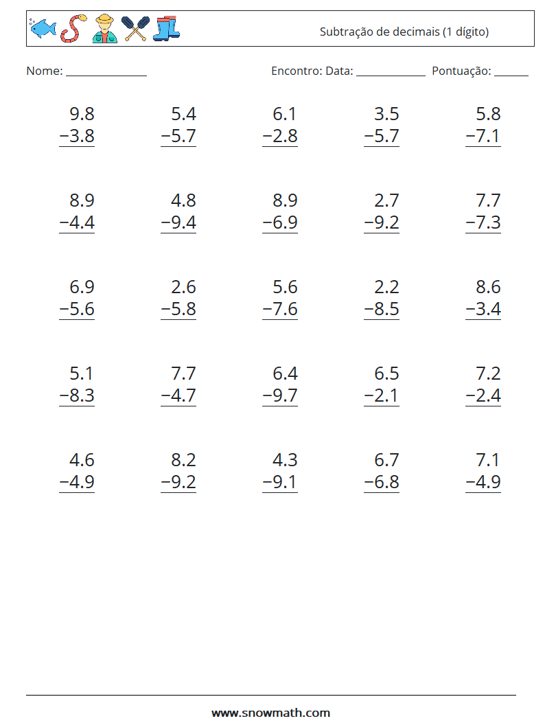 (25) Subtração de decimais (1 dígito) planilhas matemáticas 18