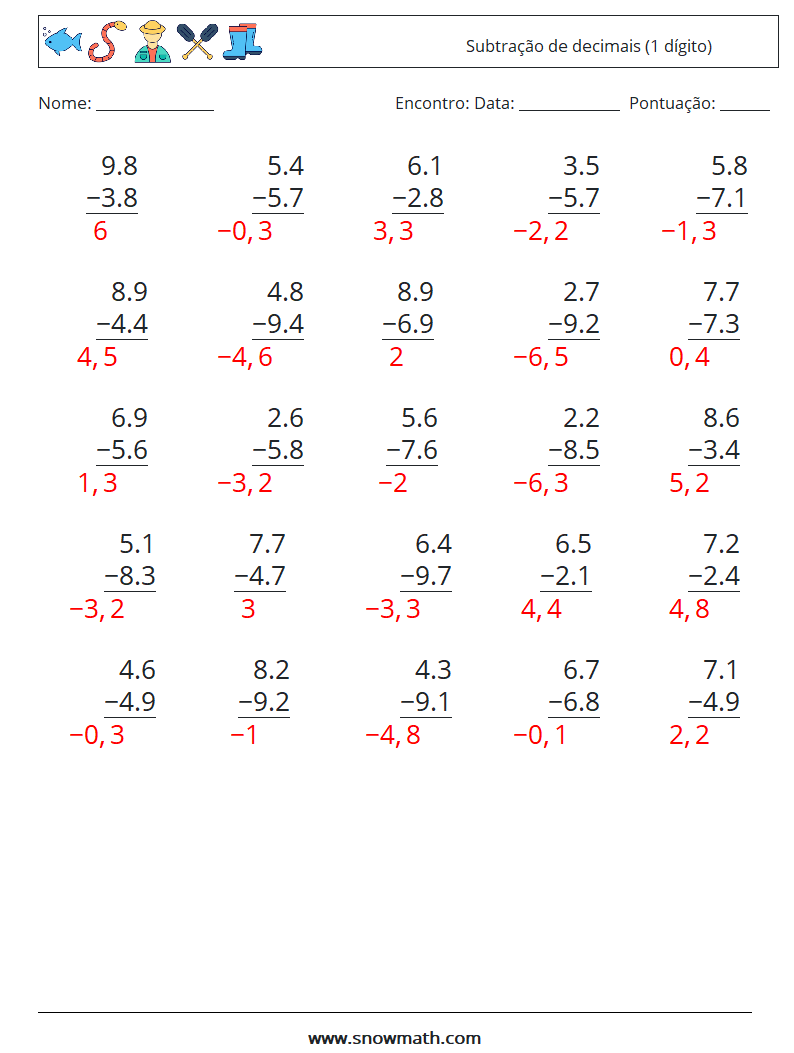 (25) Subtração de decimais (1 dígito) planilhas matemáticas 18 Pergunta, Resposta