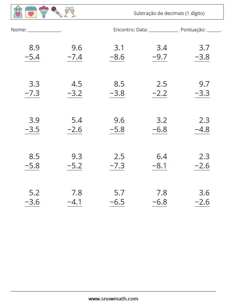 (25) Subtração de decimais (1 dígito) planilhas matemáticas 2