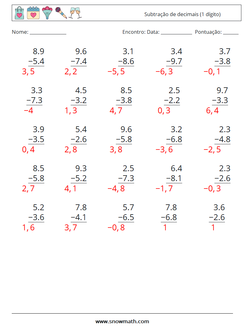 (25) Subtração de decimais (1 dígito) planilhas matemáticas 2 Pergunta, Resposta