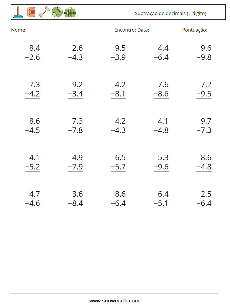 (25) Subtração de decimais (1 dígito) planilhas matemáticas 3